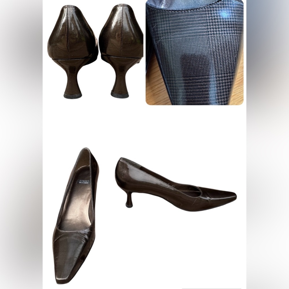 Vtg Stuart Weitzman Brown Plaid Square Toe Pumps Women Size 7AA, patent leather